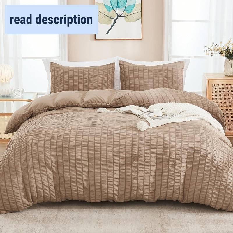 lot 191682 image: AveLom Taupe Duvet Cover Cal King(104 x 98 inches), 3 Pieces (1 Duvet Cover, 2 Pillowcases), Seersucker Striped Soft Washed Microfiber, Textured Duvet Cover Set with Zipper Closure, Corner Ties