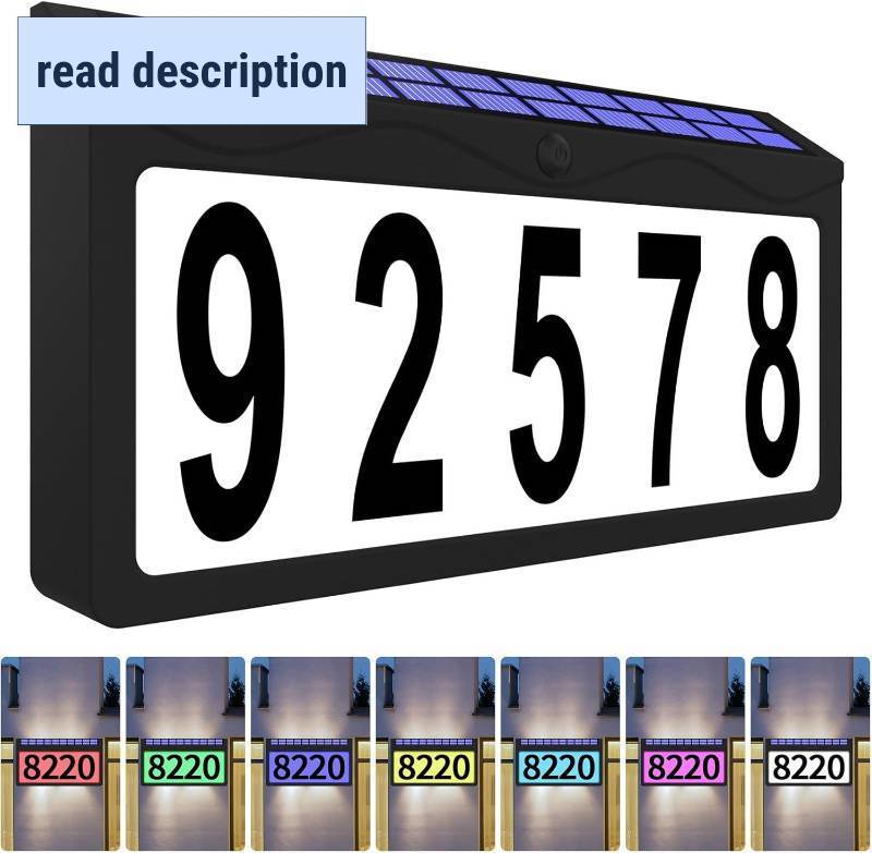 lot 291599 image: Solar Address Sign, Lighted Address Plaque Outdoor Waterproof, Illuminated RGBW Color Address Numbers, House Numbers for Home Street Mailbox Outside