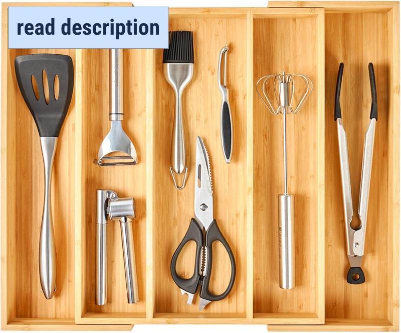 lot 131260 image: Umilife Expandable Kitchen Drawer Organizer, 2.5 High Bamboo Utensils Silverware Tray, Adjustable Large Deep Wood Organization Holder