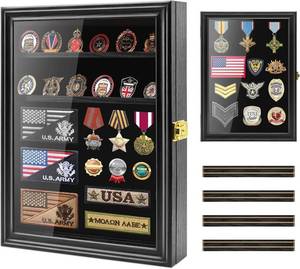 lot 161381 image: PiaoHao Premium Challenge Coin Display Case, Lockable Military Shadow Box with Removable Shelves, Solid Wood Wall Mounted Medal & Pin Display Frame with UV Protection Acrylic Door, Black