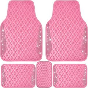 lot 161400 image: CAR PASS Bling Leather Car Mats Shining Diamond Floor Mats Crystal Rhinestones Sparkly Glitter Carpet Anti-Slip Waterproof Pad Universal Fit for Automotive SUV, Sedan, Van, 5pcs for Girl Women Pink