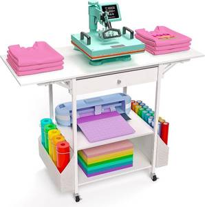 lot 161411 image: Retails for $117 Foldable Heat Press Table Hold 36 Vinyl Rolls, Movable Heat Press Stand Cart with Storage Bag, Collapsible Heavy Duty Workbench for Sublimation, T-Shirts and Caps Heat Transfer Project