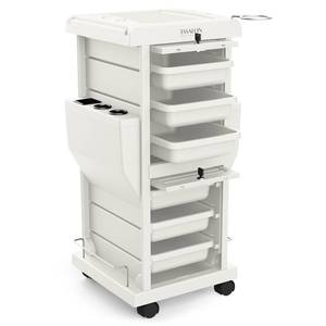 lot 261467 image: Retails for $130 TASALON Salon Trolley Cart with Lock, 6 Lockable Trays  2 Holders, Rolling Storage Cart for Hair Salon, Beauty, Barber Station - White