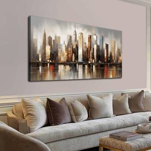 lot 261476 image: Fuwobriva Large Abstract Living Room Canvas Wall Art for Living Room Office Bedroom Wall Decor Modern Brown Grey City Night Scene Abstract Wall Art Print Paintings 24x48