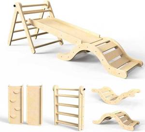 lot 261482 image: doowroodni Pikler Triangle Set 7in1 Toddler Climbing Toys Indoor Foldable Baby Climbing Toys Wooden Montessori Climbing Set with Arch, Ramp, Ladder for 1-3 Years, Jungle Gym for Kids (Natural)