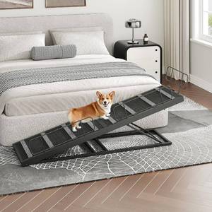 lot 361410 image: Retails for $125 HOOBRO Dog Ramp for Bed, 63 Inch Long Dog Ramp for Couch and Bed, Pet Ramp with Non-Slip Mat and Safety Side Rails, 4 Height Adjustable up to 33 inch, for SmallLargeOld Dogs, Black BK16PT03