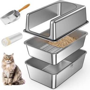lot 361421 image: All Stainless Steel Sifting Litter Box with Lid,XL Extra Large Metal Sifting Cat Litter Box for Pine Pellets,High Sides Sifter Litter Pan System for Big Cats,Odor Control,Sifting Box Liners and Scoop