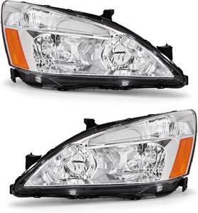 lot 461254 image: Headlight Assembly for Honda 2003-2007 Accord 24dr  03 04 05 06 07 Accord Headlamp Clear Lens Chrome Housing with Amber Reflector Replacement Left and Right Pair ONLY fit coupeSedan & WO Bulbs