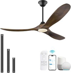 lot 461278 image: Retails for $229 60 Inch Ceiling Fans with Lights, Outdoor Ceiling Fans for Patios with Light Damp Rated, 3 Blades Wood DC Ceiling Fan Modern Large Airflow Commercial Ceiling Fan with Remote & APP for Exterior Indoor