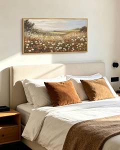 lot 461290 image: KUVIOKE Vintage Landscape Framed Wall Art 20x40in Large Grassland Meadow Wildflower Field Wall Prints Classic Retro Farmhouse Rustic Decorations for Living Room Bedroom (Natural Framed)