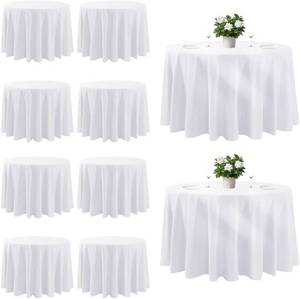 lot 461295 image: Cuckan 120 Inch Round Tablecloth, 10 Pack White Stain Resistant and Wrinkle-Free Polyester Table Cover for Wedding, Banquet, Party, Restaurant