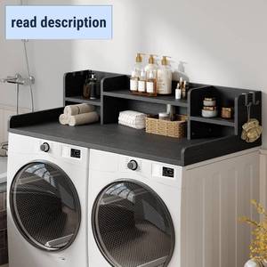 lot 161387 image: HOOBRO 2-Tier Washer Dryer Countertop, 54W x 27.6D Wooden Washer and Dryer Countertop for Laundry Room Organization, Spacious Laundry Topper for Folding Clothes, 4 Hooks, Black BK18XY01
