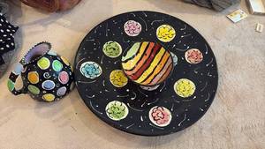 lot 59173 image: Hand Painted Ceramic Teapot and Plate Set with Floral Design - Retail $25