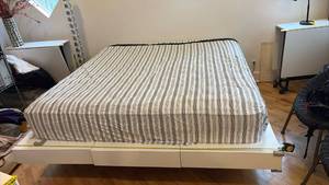 lot 59191 image: White Platform Bed Frame with Mattress (Approx. King Size)- Retail $250