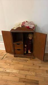 lot 59234 image: Wooden Doll Armoire with Doll and Clothing - Retail $45