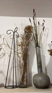 lot 59278 image: Glass Vase Collection with Decorative Dried Branches and Metal Stand - Retail $25