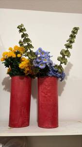 lot 59283 image: Red Ceramic Cylinder Vases with Artificial Flowers - Retail $15