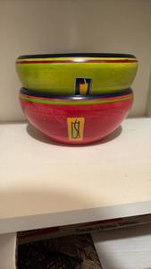 lot 59285 image: Colorful Ceramic Serving Bowl Set with Striped Design - Retail $15