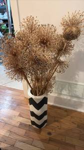 lot 59287 image: Dried Allium Flower Stems in Black and White Chevron Vase - Retail $25