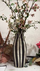 lot 59300 image: Black and White Striped Ceramic Vase with Handle Details - Retail $15