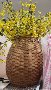 lot 59301 image: Large Woven Wicker Basket Vase with Yellow Forsythia Branches - Retail $25