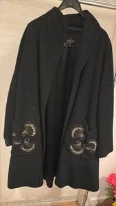 lot 59342 image: Leo C Ward Black Wool Coat with Embroidered Shell Details - Retail $45