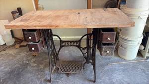 lot 60856 image: Singer Sewing Machine Table with Cast Iron Base and Wood Top - Retail $150
