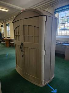 lot 20041 image: Large Outdoor Resin Storage Shed with Shelving