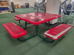 lot 20060 image: Red Metal Perforated Picnic Table with Attached Benches