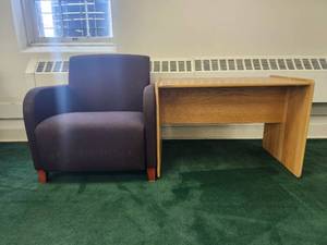 lot 20066 image: Mid-Century Modern Oak Console Table and Gray Upholstered Armchair Set