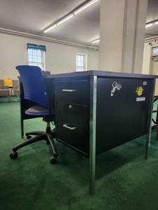 lot 20069 image: Office Desk with Blue Ergonomic Chair and File Cabinet Drawers