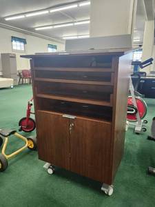 lot 20075 image: Mid-Century Modern Teak Rolling Cabinet with Locking Storage