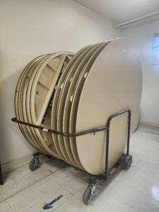 lot 20160 image: Round Folding Tables with Transport Cart