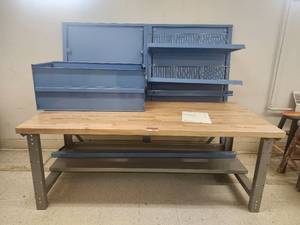 lot 20161 image: Steel Modular Workshop Storage Cabinet System with Wood Top