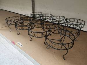 lot 20178 image: Set of Black Metal Plant Stands with Scrollwork Design
