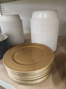 lot 20193 image: Gold Charger Plates with Beaded Rim and Plate Covers Set