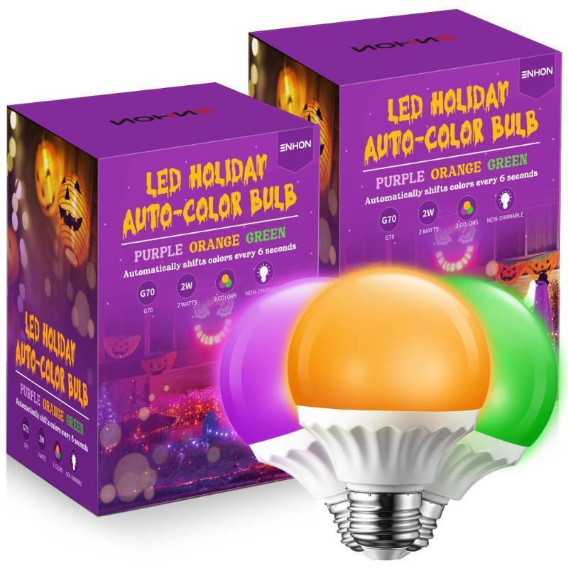 lot 35634 image: 2 Pack LED Halloween Bulbs, Automatic Color Changing Purple, Orange, Green Every 6s, G70 E26 2W, Energy Saving Globe Light Bulb for Holiday Party, Porch, Indoor & Outdoor Decor - Retail $12
