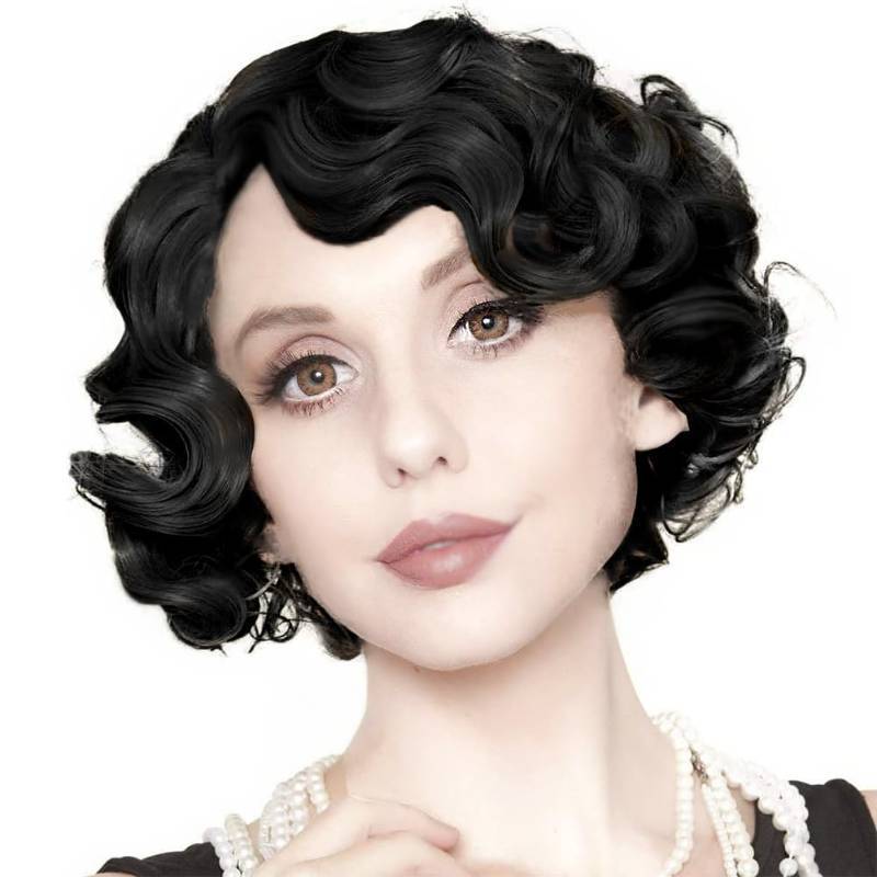 lot 35643 image: Short Black Finger Wave Wigs for Women 1920s Side Part Natural Wig Synthetic Heat Resistant Hair Halloween Wig for Vintage Daily Party(Black) - Retail $24