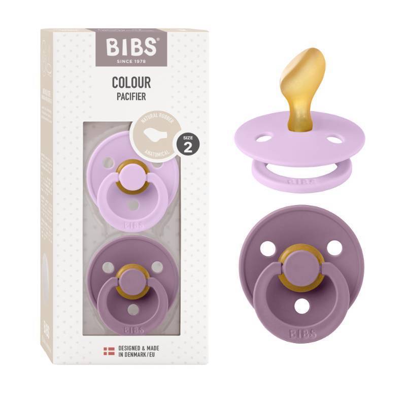 lot 35671 image: BIBS Pacifiers 6-18 Months  Colour Collection 2-Pack  BPA-Free Anatomical Natural Rubber Nipple  Made in Denmark  Violet SkyMauve Color Pacifier - Retail $16