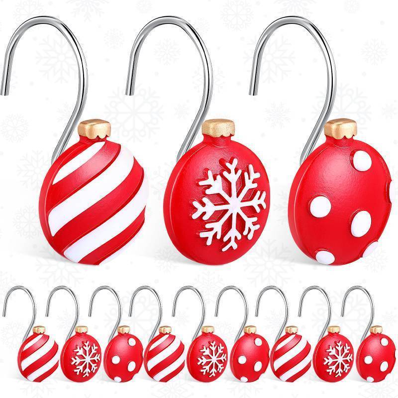 lot 35696 image: 12 Pcs Christmas Shower Curtain Hooks Small Red Christmas Balls Shower Curtain Rings White Snowflake Holiday Shower Hooks Decorative Holiday Bathroom Accessories for Winter Bathroom Decoration - Retail $10