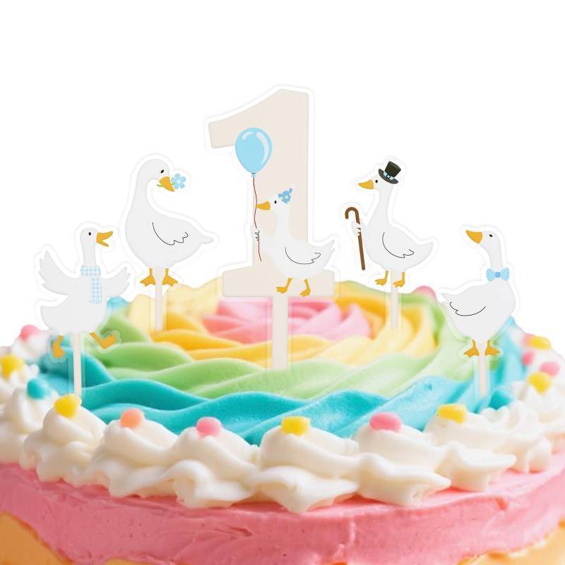 lot 35713 image: 5pcs Goose Cake Decorations, Silly Goose Number 1 Cupcake Topper Cute 1st Birthday Decor for One Birthday Party Baby Shower Animal Theme Party (Blue) - Retail $3