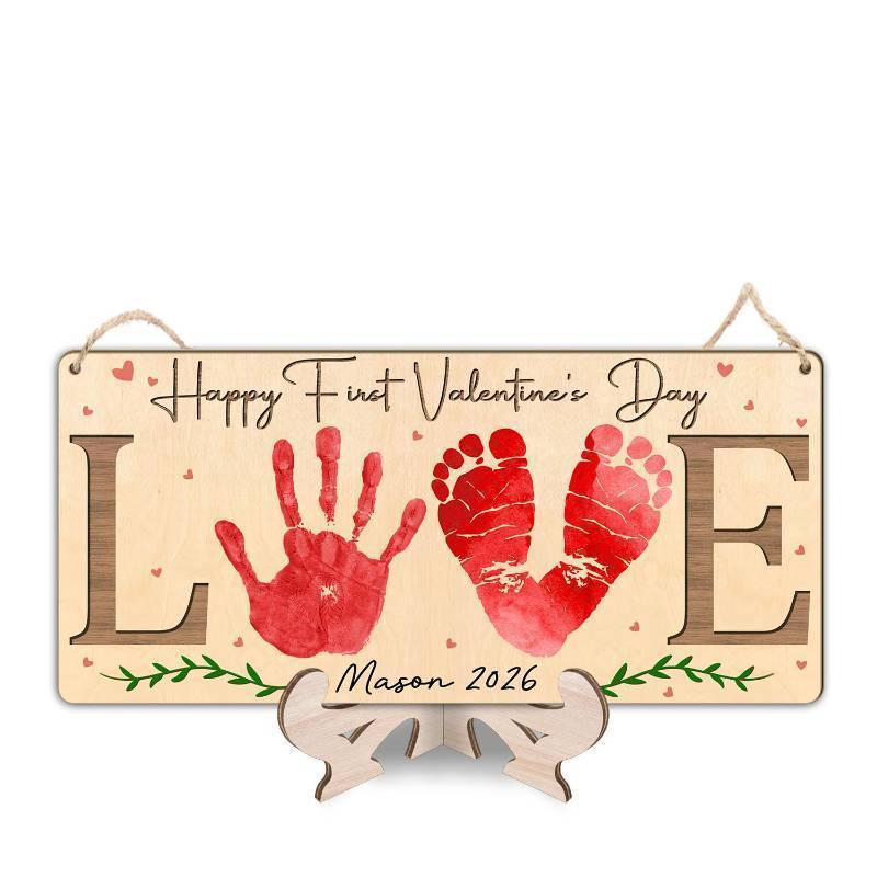 lot 35734 image: Love Happy First Valentines Day Wooden Sign, DIY Babys First Valentine Footprint Handprint Sign, Milestone Art Craft, 1st Valentines Keepsake, Gifts for New Mom, Dad, Newborn Baby Kid Toddler - Retail $13