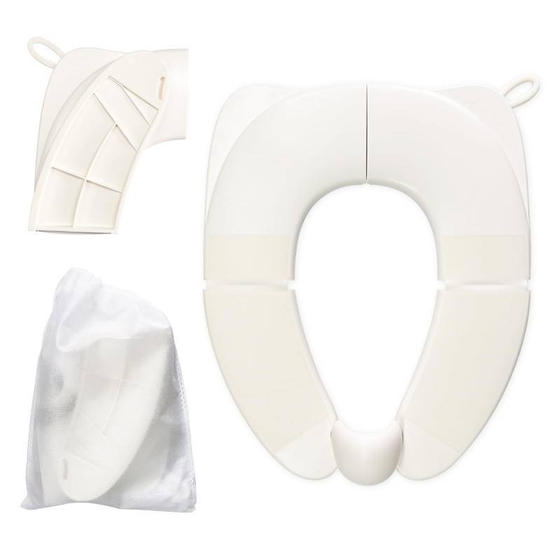 lot 35757 image: Kids Foldable Toilet Seat with Storage Bag - Training Urine Anti-Slip Toilet Seat Cover with Splash Guard for Children Toddlers, Portable & Travel-Friendly Easy Clean Universal Fit-White - Retail $10