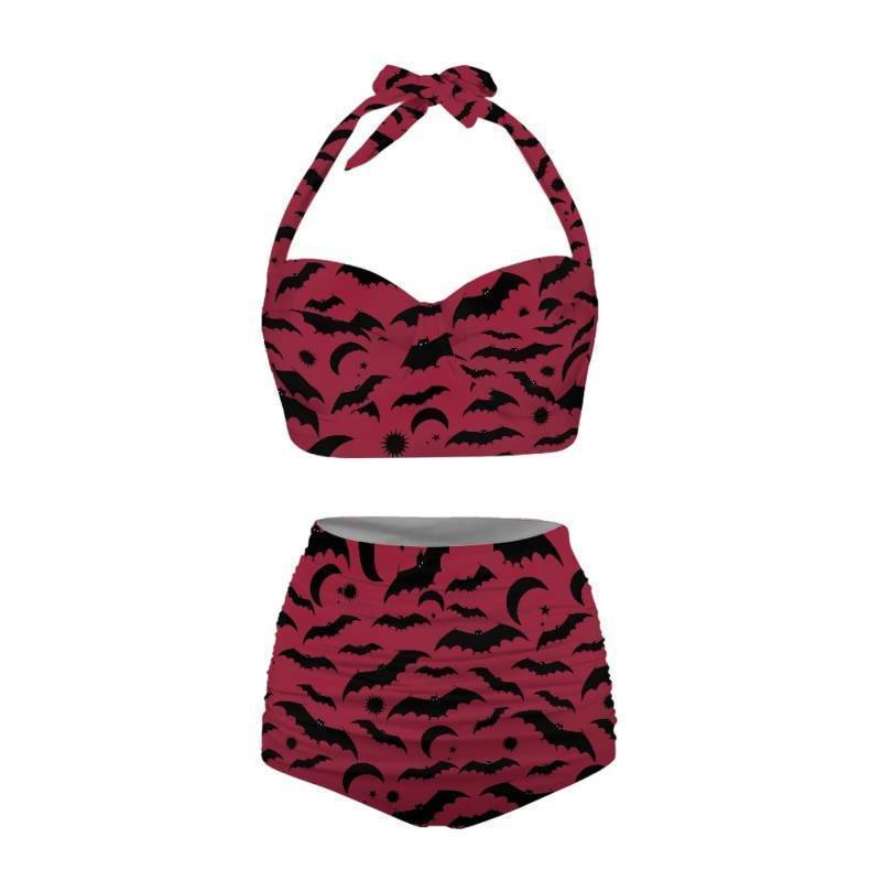 lot 35796 image: Goth Swimsuit - Womens High Waisted Bikini Top & Neck-Tied Swimsuits, Elastic Plus Size 2 Piece Bathing Suit Sets - Retail $42