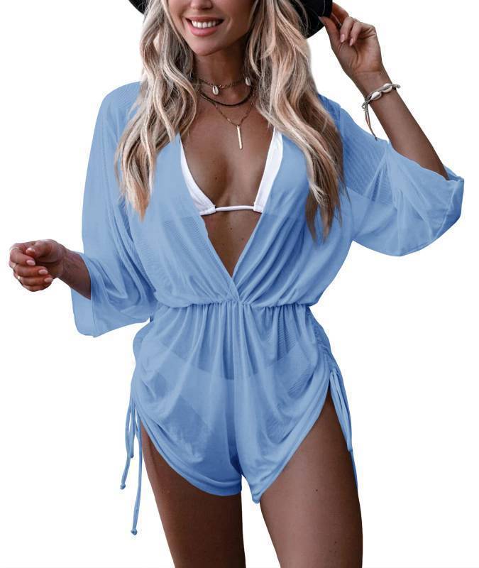 lot 35799 image: Womens Swimsuit Cover Ups Beach Bikini Sexy Sheer V Neck One Piece Romper Outfit Blue. X-LARGE - Retail $30