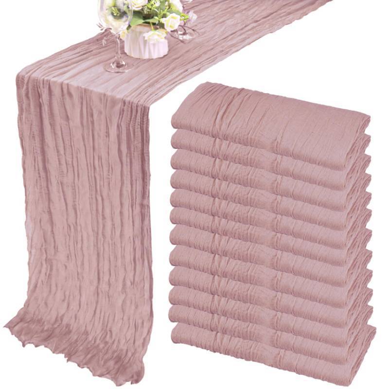 lot 35823 image: 12 Pack 13Ft Cheesecloth Table Runner 35x157 Inch Boho Gauze Cheese Cloth Long Rustic Table Runner for Wedding Bridal Shower Birthday Party Table Decor (Dusty Pink) - Retail $50