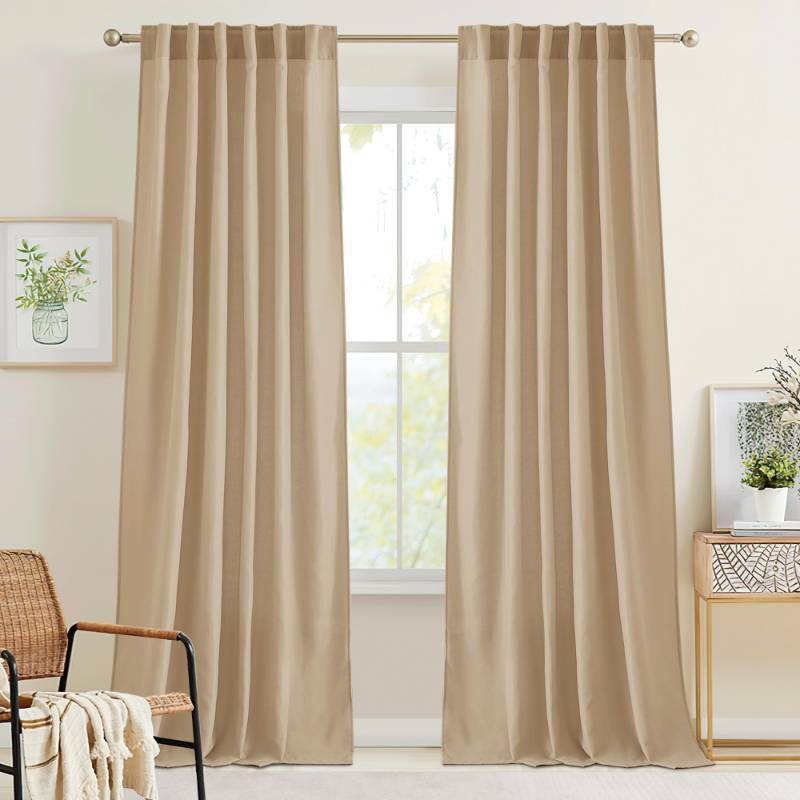 lot 35825 image: RYB HOME Linen Sheer Curtains for Living Room Bedroom, Back Tab 108 inches Farmhouse Boho Rustic Decoration for Dining Room Nursery, Camel, W 52 x L 108 inches, 2 Panels Set - Retail $33