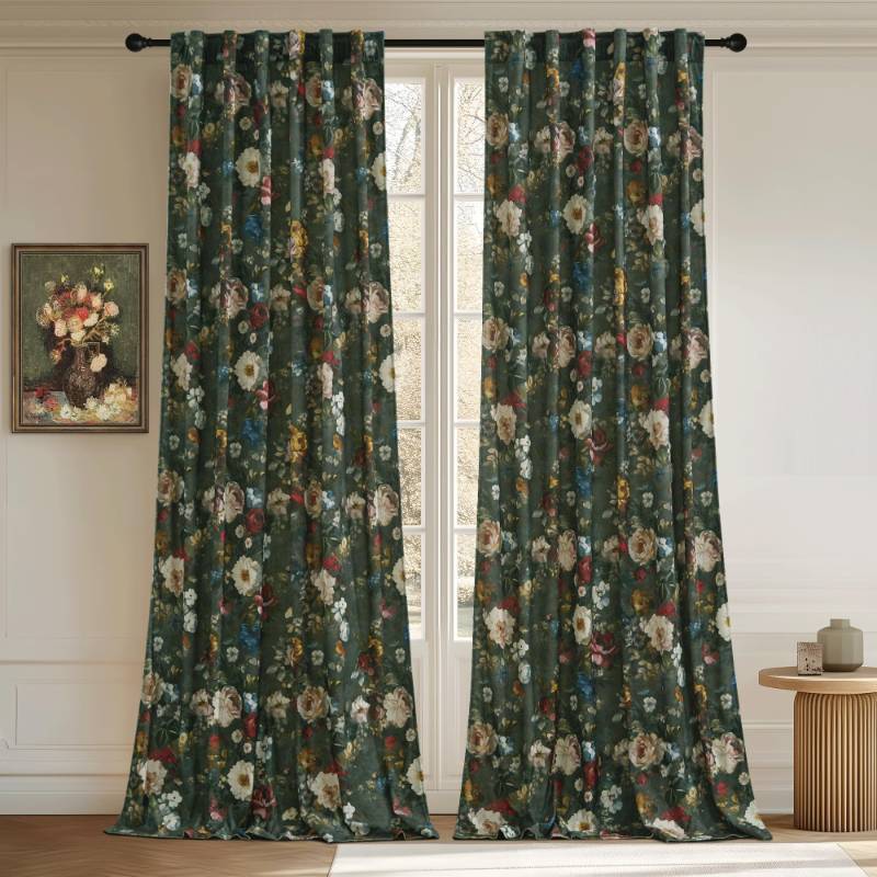 lot 35827 image: Green Vintage Curtains for Living Room, Super Soft Velvet Bedroom Curtains with Floral Printing Back Tab Boho Thermal Insulated Window Drapes for Nursery, W52 x L96, 2 Panels - Retail $55