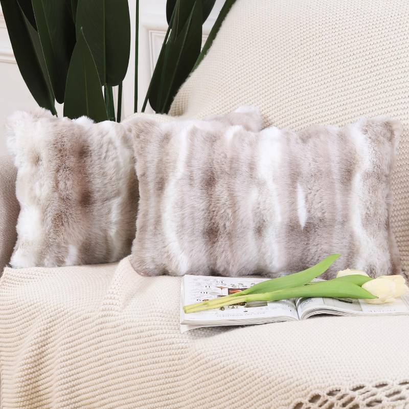 lot 45092 image: MADIZZ Pack of 2 Thick Plush Faux Wool Throw Pillow Covers Soft Boho Throw Pillows Luxurious Cushion Covers for Couch Sofa Bedroom Living Room Home Decor 12x20 Inch White Taupe - Retail $19