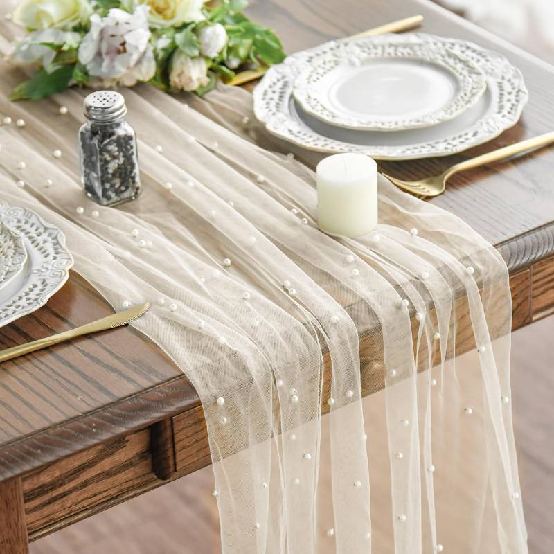 lot 45099 image: Pearl Beige Gauze Table Runner 120 Inch 10FT, Seasonal Sheer Dining Holiday Wedding Birthday Baby Shower Table Decor for Home Party - Retail $10